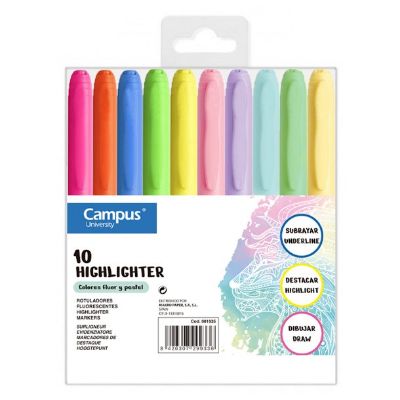 Fluorescent 10 colors (5 pastels + 5 brillants) Pen Highlighter Campus